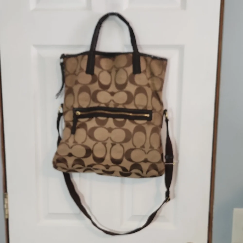Coach Tan Signature Fold Over Tote - Picture 9 of 12